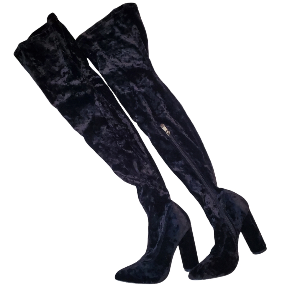 Cape Robbin Black Crushed Velvet Over the Knee High Heel Boots Size 6